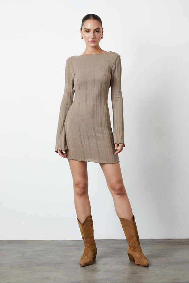 Bohem Sırt Dekolte Mini Elbise - 3