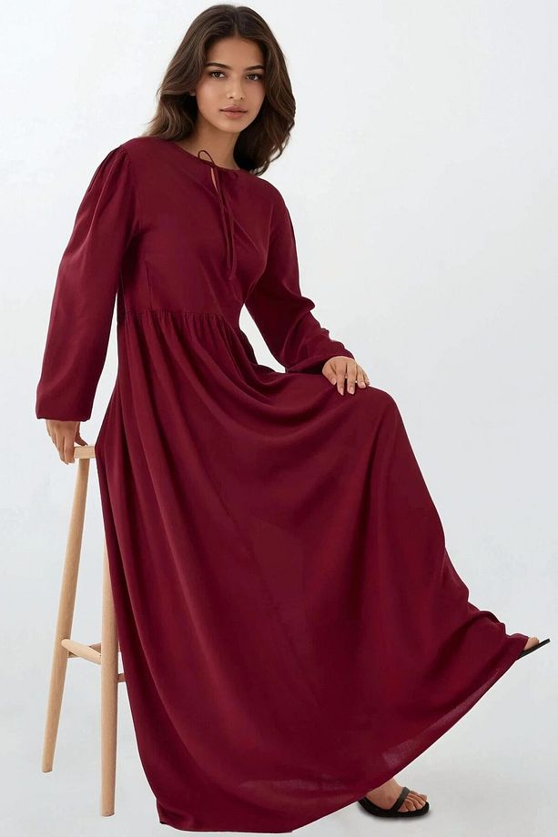 A-Form Fit ve Bisiklet Yaka Modest Dokulu Elbise - 6