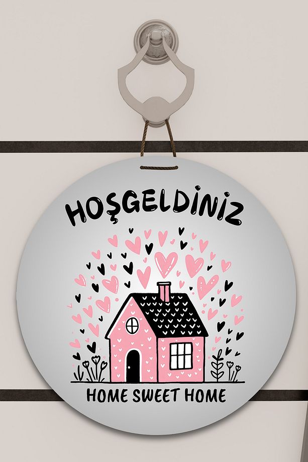 Dijital Baskı gri, kalpli pembe ev desenli Kapı süsü, Duvar Süsü - 1