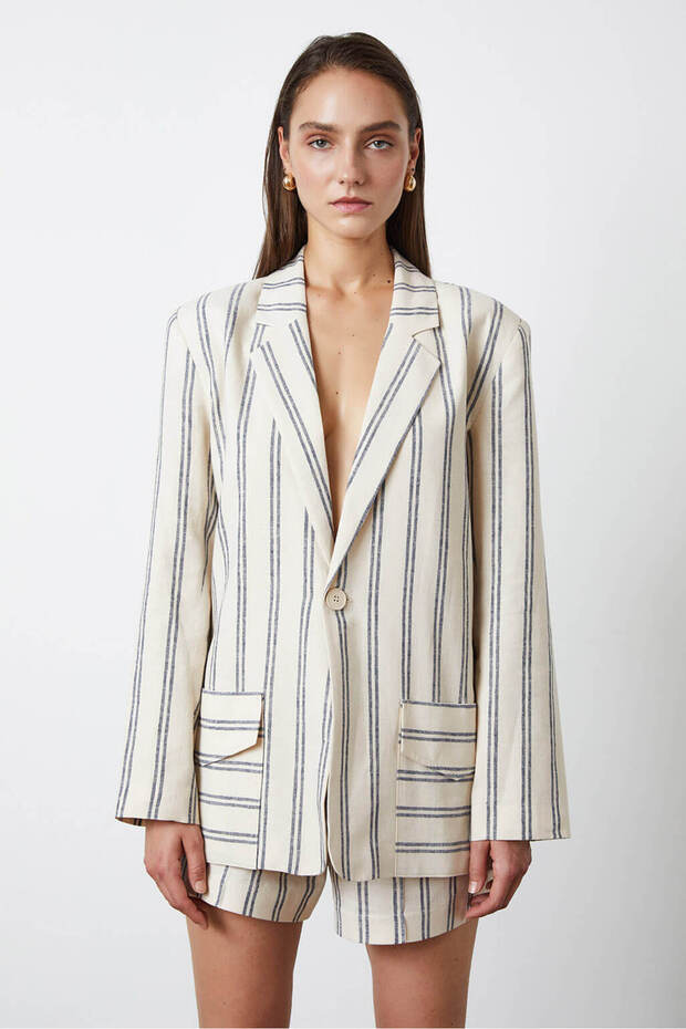 Oversize Çizgili Blazer - 1