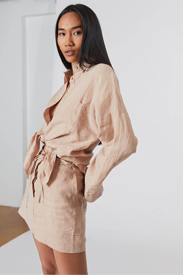 %100 Keten Mini Etek - 4