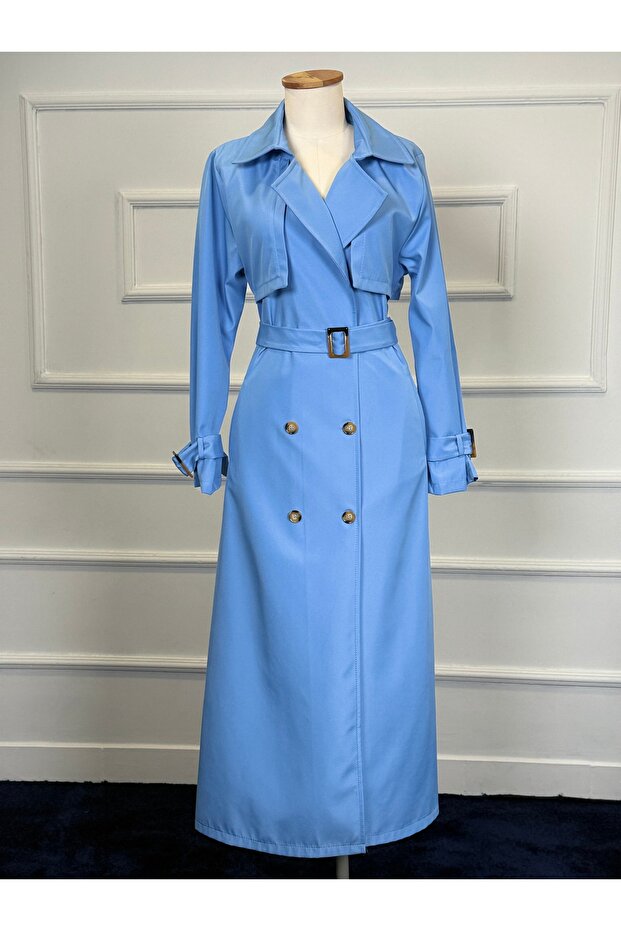 Double-Breasted Collared Belted Full-Length Modest Trench Coat RC1403056