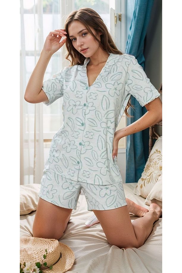 Kadın Ev Giyim Yeşil Desenli Kısa Kollu Üst & Şort İkili Pijama Takımı LA.L01.I1.SS001 - 1