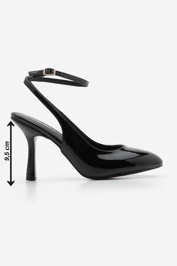 Kadın Stiletto Oval Burun Bilekten Bağlamalı Topuklu Ayakkabı Tirada Siyah Rugan - 8