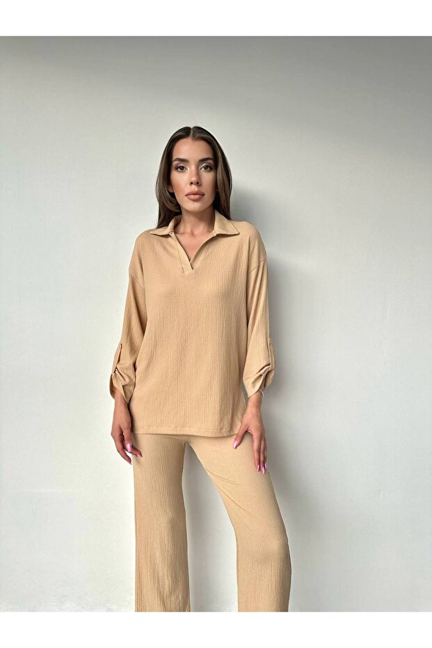 Women's beige two-piece suit fabric
