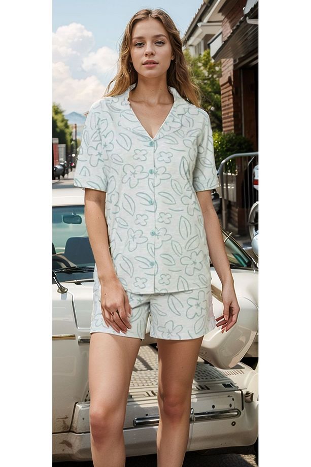 Kadın Ev Giyim Yeşil Desenli Kısa Kollu Üst & Şort İkili Pijama Takımı LA.L01.I1.SS001 - 2