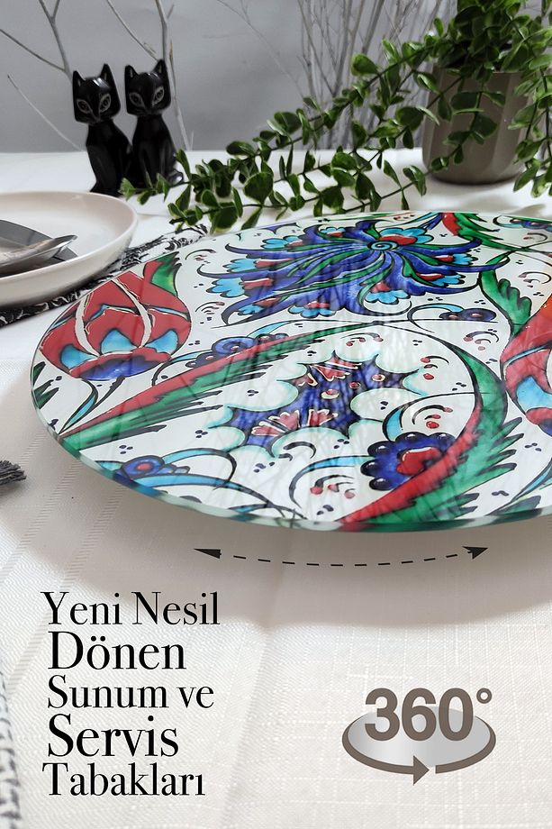 Çini Desenli, Dönen Standlı Servis Ve Sunum Tabağı, Peynir Tabağı, Lazy Susan - 3