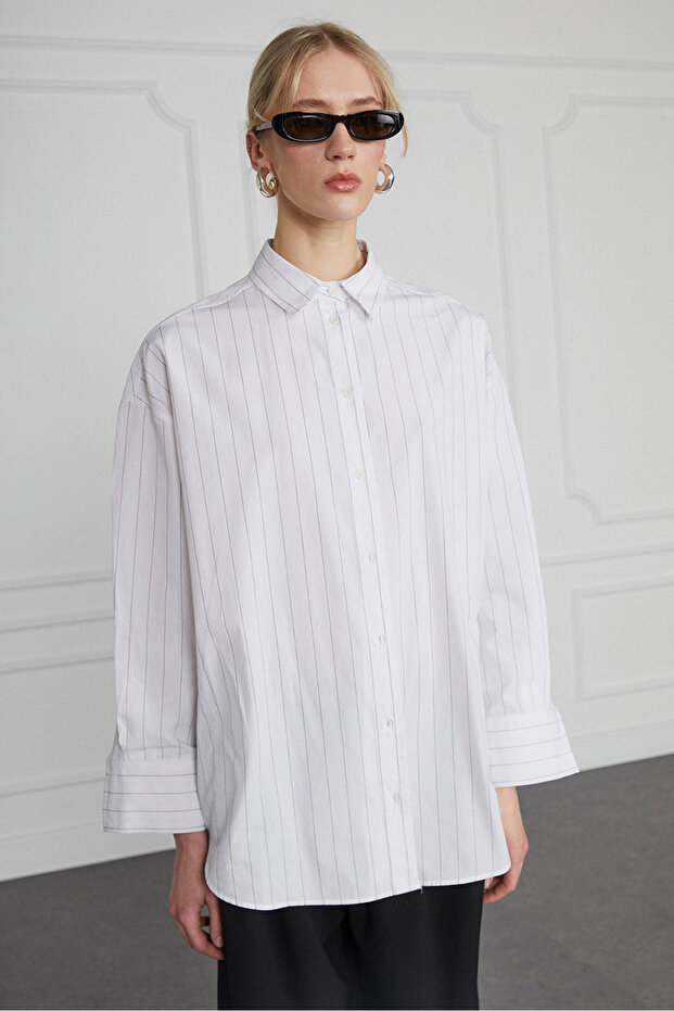 Poplin Çizgili Oversize Gömlek - 3