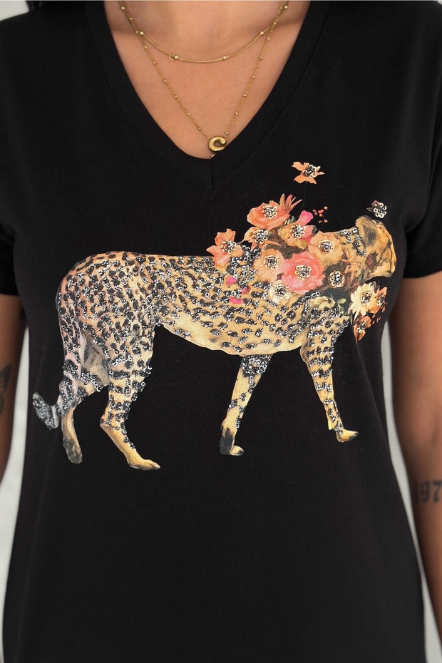 Women's Black V-Neck Leopard Sequin Embroidered 100% Cotton T-Shirt