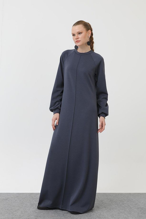Kadın Nervür Dikişli Reglan Kol Elbise - 12557ELB - INDIGO - 1