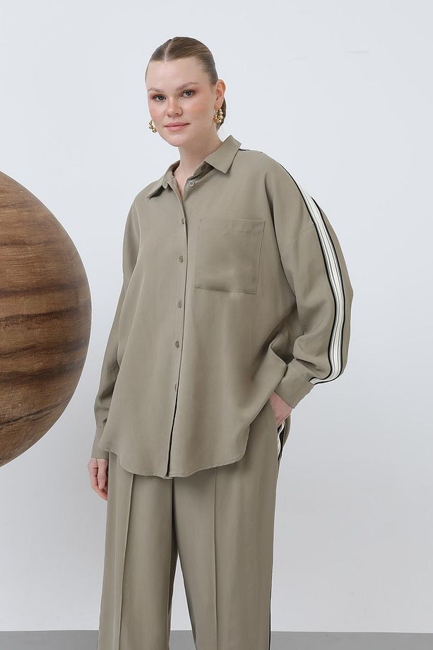 Kadın Kol Şeritli Basic Gömlek - 32197GML - KHAKI - 1