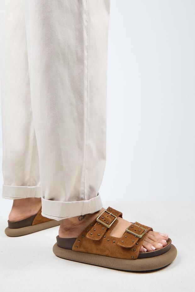 (Sude) Women's Genuine Leather Double Buckle Trock Taba Slippers
