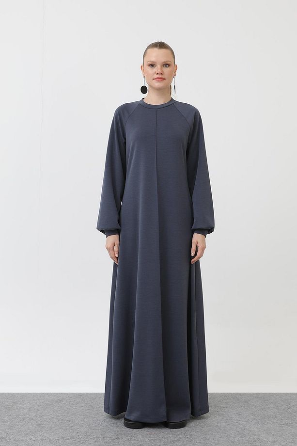 Kadın Nervür Dikişli Reglan Kol Elbise - 12557ELB - INDIGO - 4