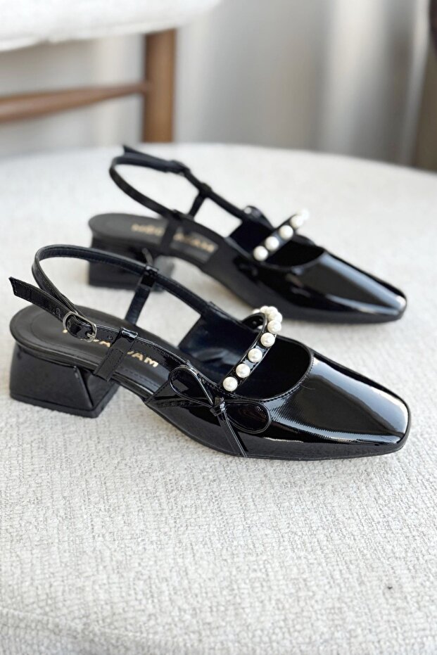 Women's Maste Pearl Low Heel Shoes - Black-Patent