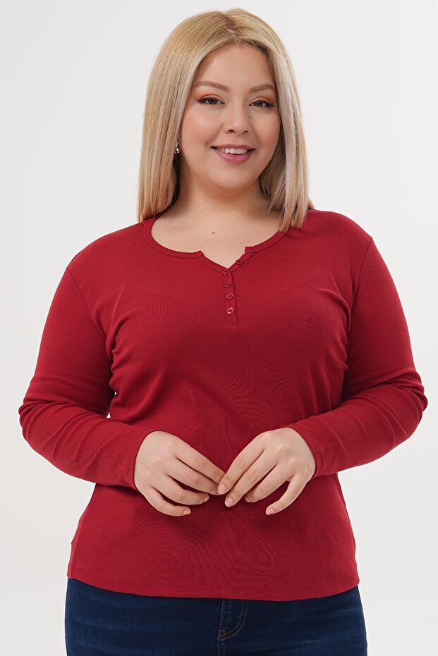 Plus Size Button Detailed Cotton Lycra Basic Blouse - 1