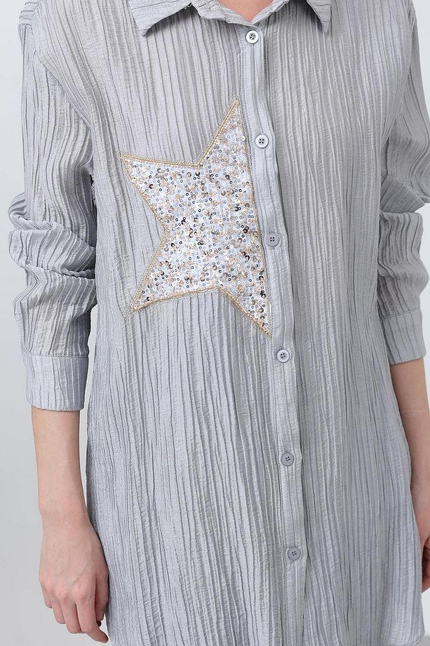 Kadın Önü Yıldız Nakışlı Gömlek Tunik - 10646GML - GREY - 3