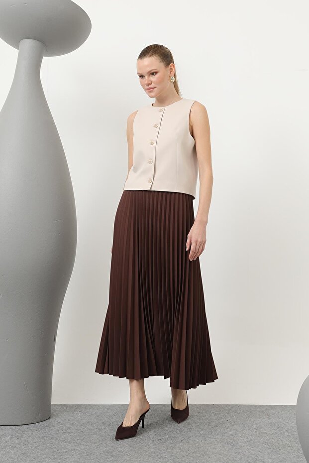 Kadın Pliseli Etek - 18232RTK - BROWN - 1