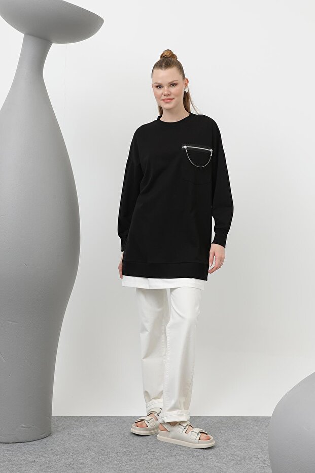 Women's Double-Sided Decorative Zipper Detail Tunic - 10620Tun - Black