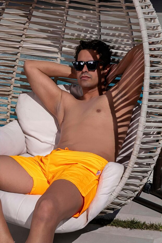 Neon Orange Men's Swim Shorts with Quick Dry Pockets