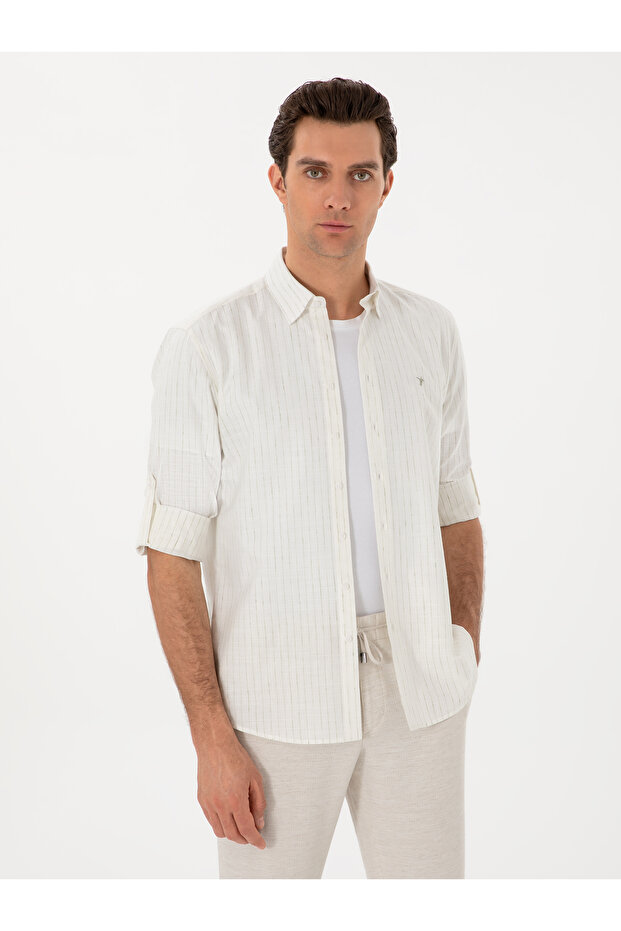 Khaki Regular Fit Linen Blended Striped Shirt 50300578-Vr027