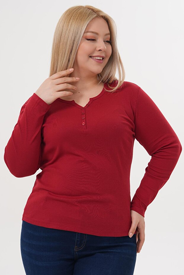 Plus Size Button Detailed Cotton Lycra Basic Blouse - 6