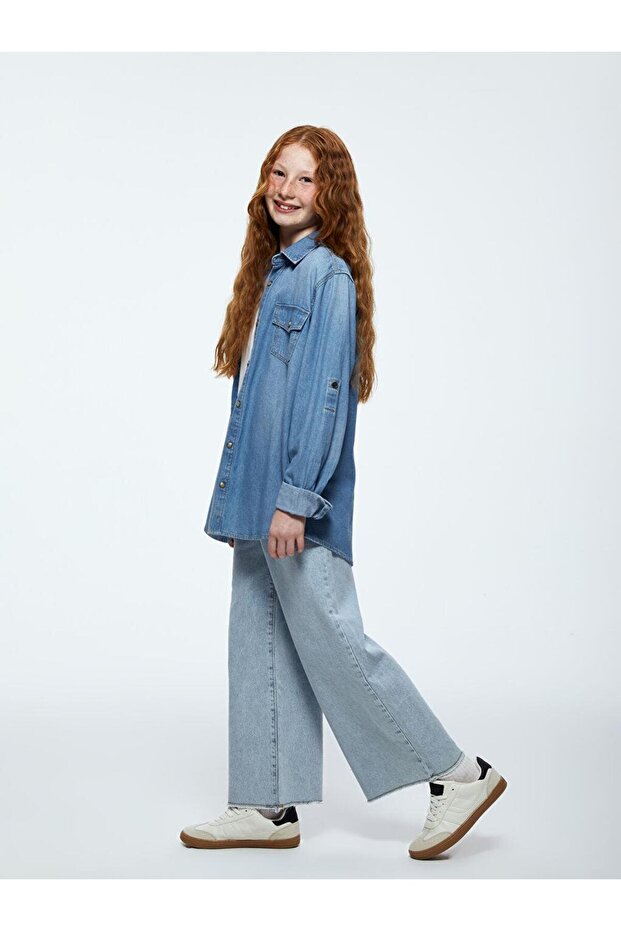 LCW Kids Asit Yıkamalı Beli Ayarlanabilir Lastikli Kız Çocuk Pantolon (W4) - 1