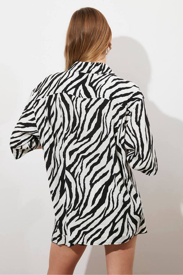 Baskılı Kısa Kollu Oversize Gömlek - 4