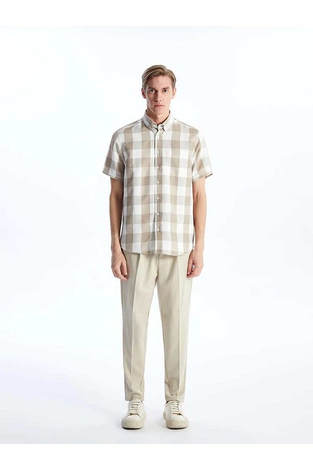 LCWAIKIKI Classic Bej Regular Fit Kısa Kollu Ekose Armürlü Erkek Gömlek - 3