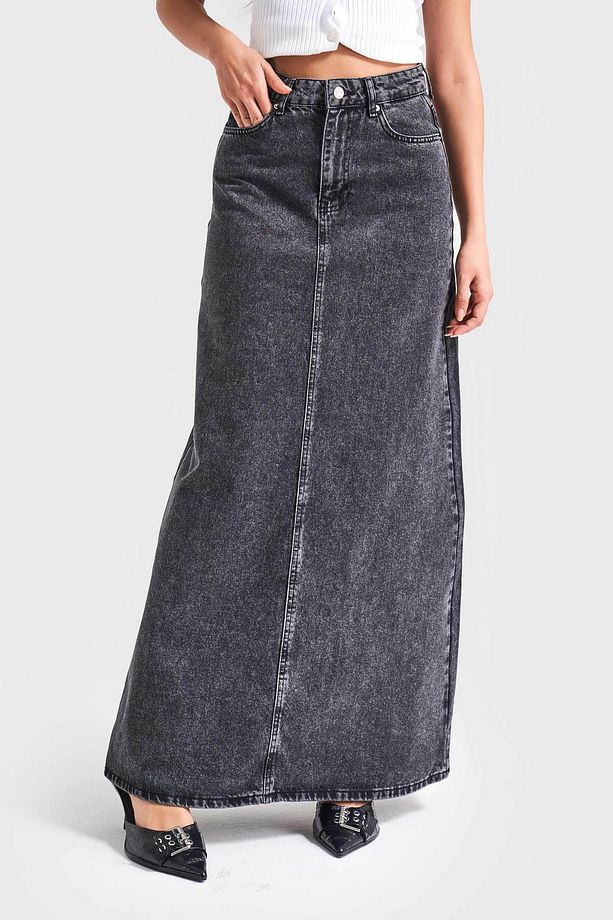 Kadın Antrasit Kot Rengi 3S5-14 Çan Kesim %100 Koton Maxi Boy 100 cm Denim Etek - 5