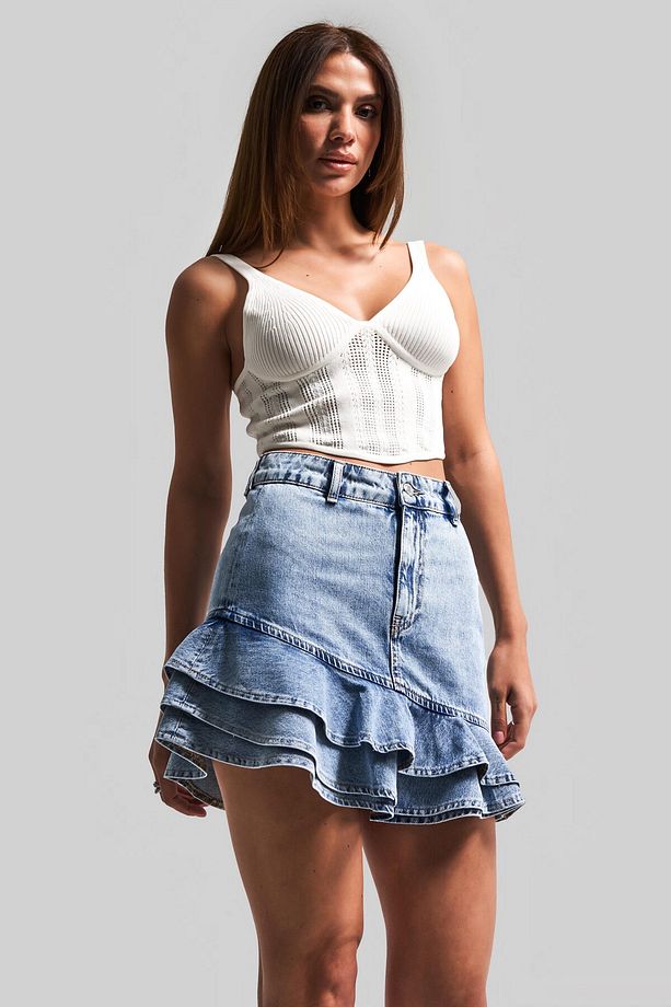 Kadın Snow Kot Rengi 3S5-27 Volanlı %100 Koton Tasarım Denim Mini Etek - 1