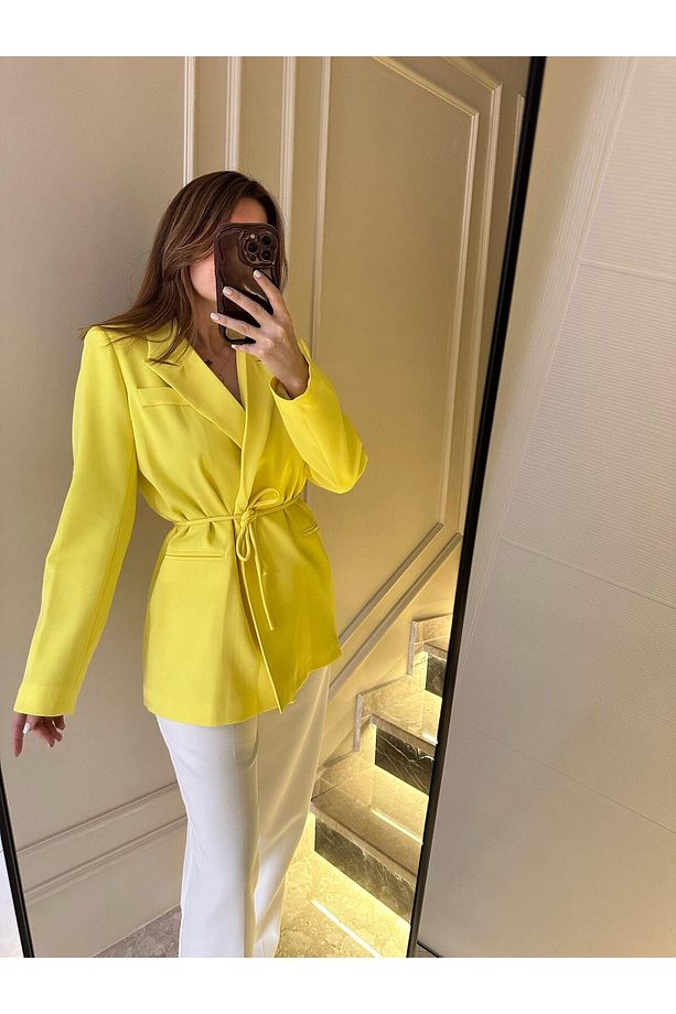Sarı İp Bağlamalı Blazer Ceket - 4