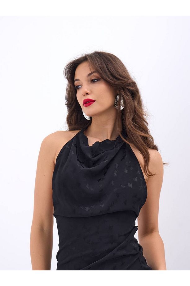 Fame Kadın Premium İpek Kısa Sırt Açık Gece Elbisesi Siyah - 2