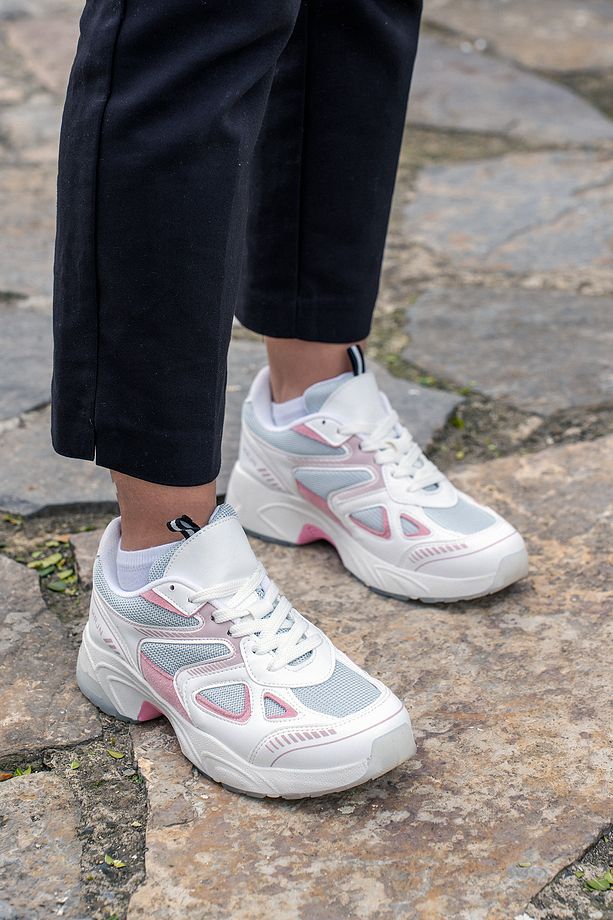 Kadın Sneaker Kalın Taban Bağcıklı File Detaylı Spor Ayakkabı Yuvez Pembe - 7