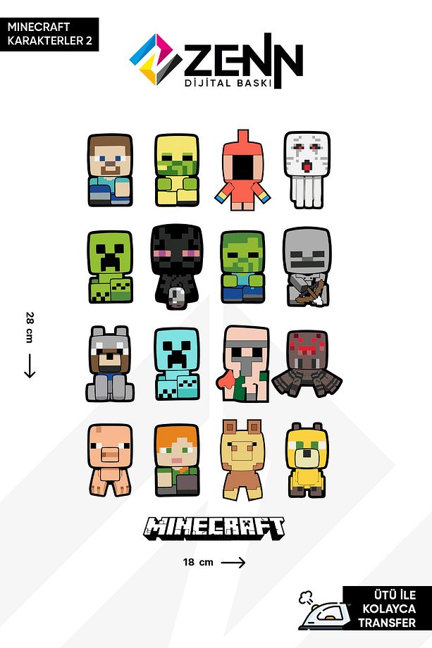 Mine craft Karakterler Seti 2 Ütü İle Yapışan Dtf Baskı - 1