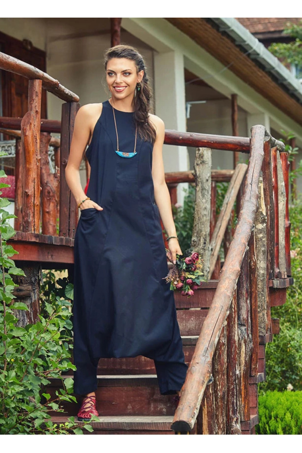 Halter Yaka Sırt Dekolteli Siyah Şalvar Tulum - 1