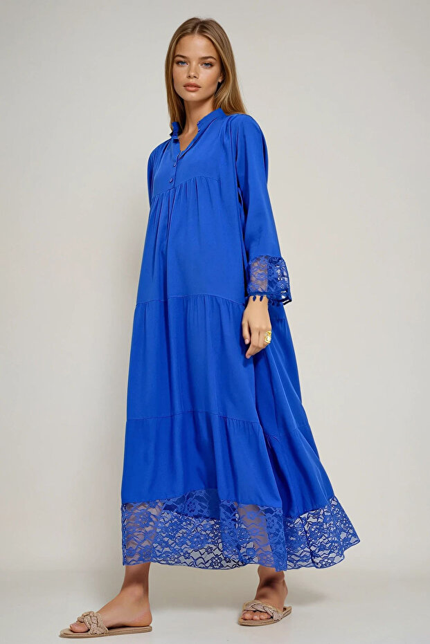 Women's Cobalt Blue Judge Collar Robe Buttoned Lace Detailed Maxiboy Dress Prmx12005