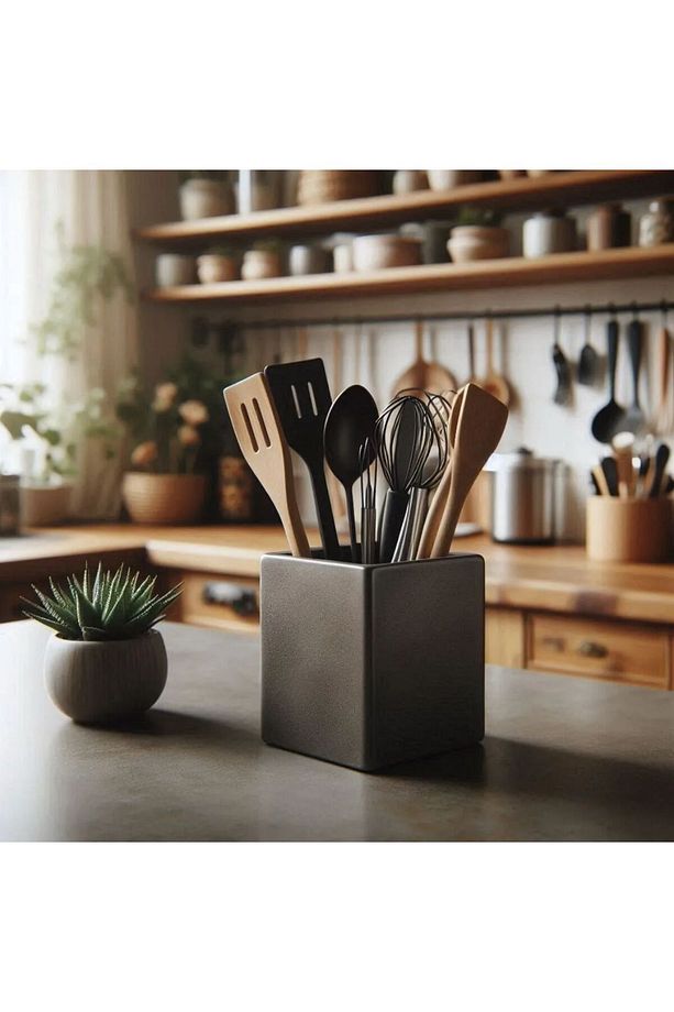Minimalist Kare Form Mat Siyah Mutfak Gereçleri Kaşıklık Standı - 1