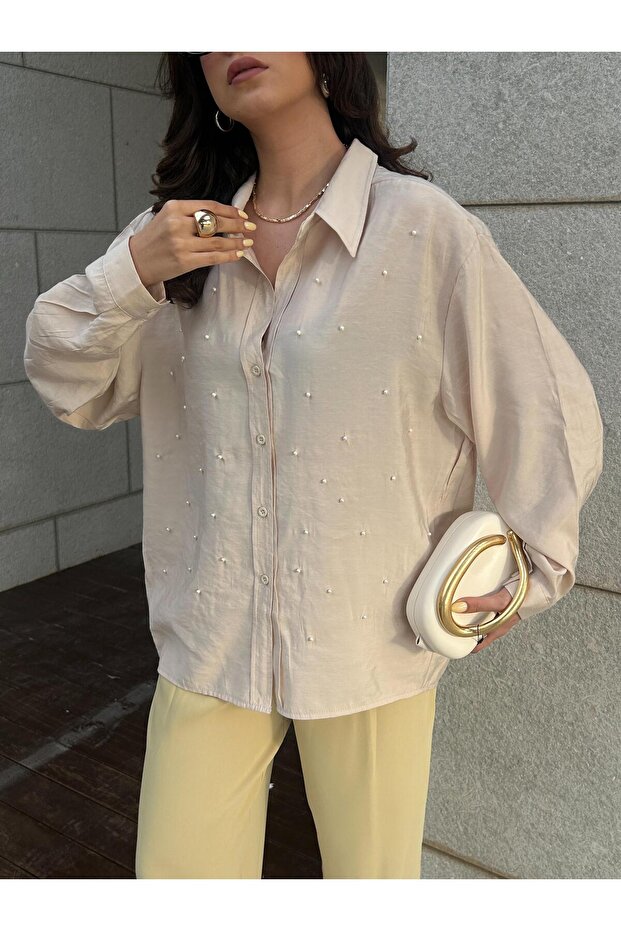 Women's Stone Modal Fabric Pearl Detailed Oversize Shirt 29095