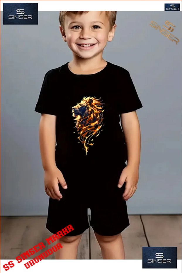 Kids Lion Flame Custom Printed Crew Neck T-Shirt - Shorts Set
