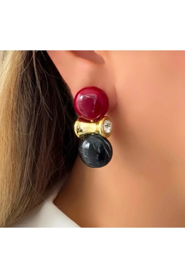 Burgundy and Black Gold Detailed Agate Stone Earrings