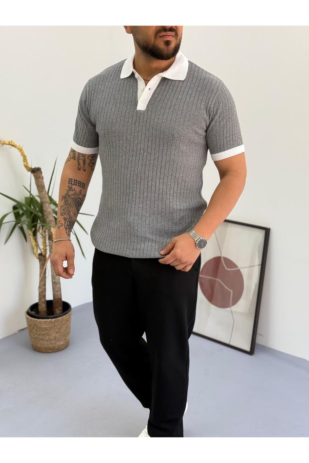Men's 100% Cotton Collar and Sleeve Detailed Knitwear Polo Neck Short Sleeve Tshirt