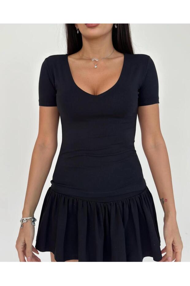 Kadın Siyah Basic V Yaka Tişört - 5