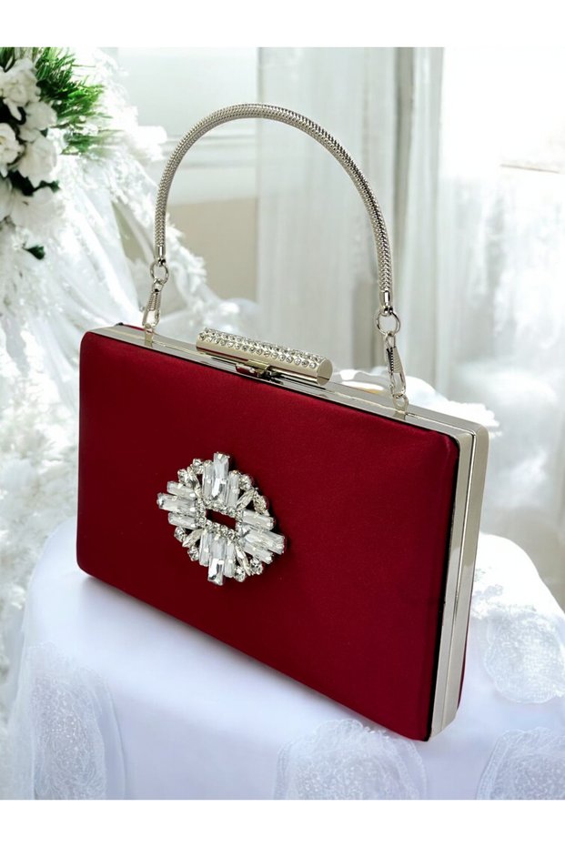 Burgundy Crystal Stone Metal Handle Satin Women's Evening Bag Evening Dress Bag