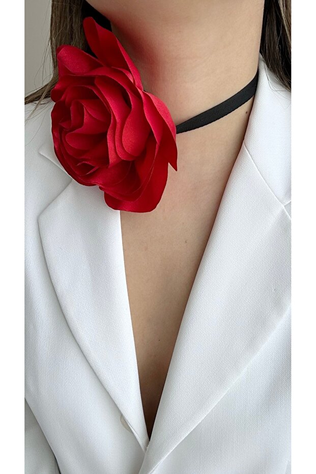 Bağcıklı Kumaş Çiçek Choker Kolye Gül Kolye - 2