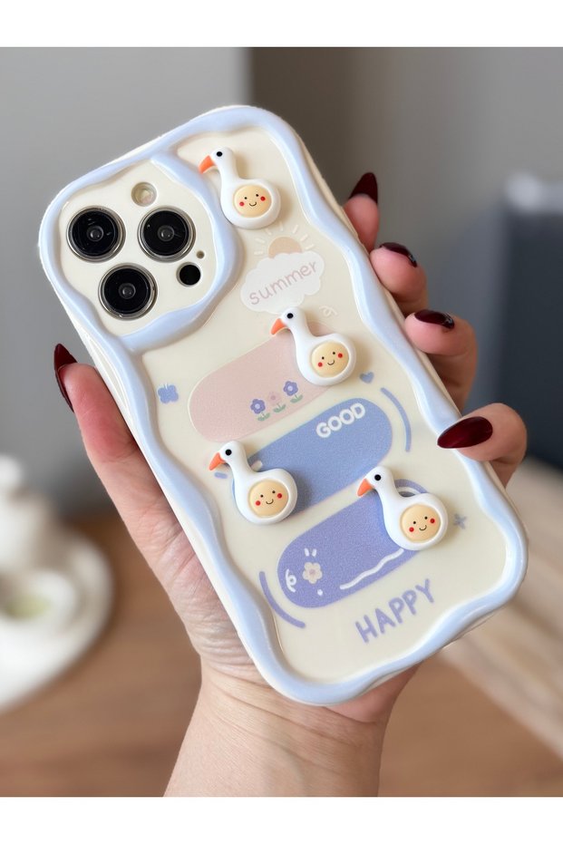 iPhone 14 Pro 3D Duck Decorated Ecru Color Patterned Case