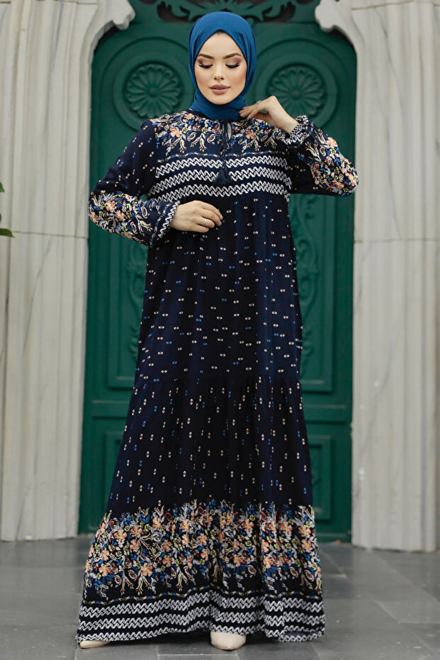 Patterned Dark Navy Blue Hijab Dress 50095KL