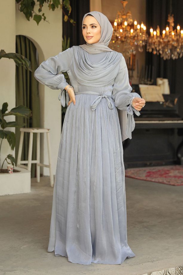 Drape Detaylı Gri Tesettür Elbise 44591GR - 2