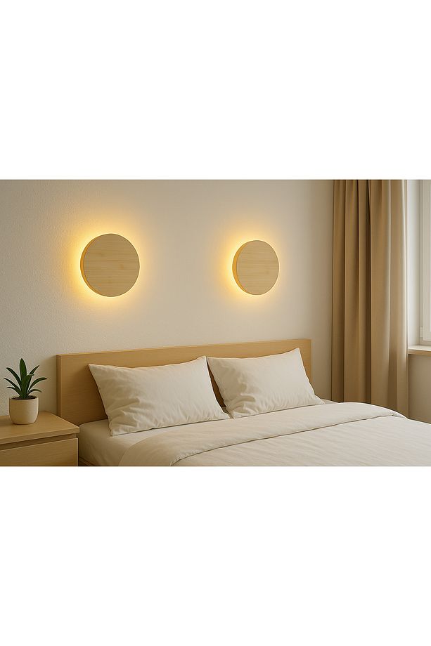 30cm Çap Yuvarlak Daire El Yapımı Aplik, Pilli Açma Kapama Düğmeli Çam Ağacı Ahşap Rustik Led - 4