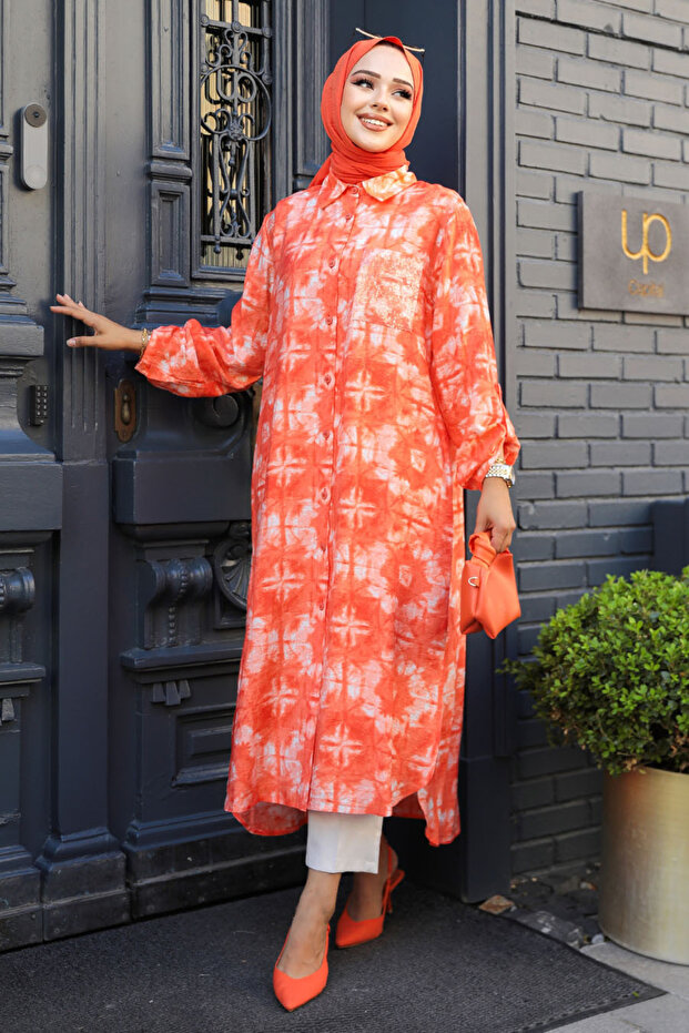 تونيك حجاب برتقالي منقوش - 10539T - 2