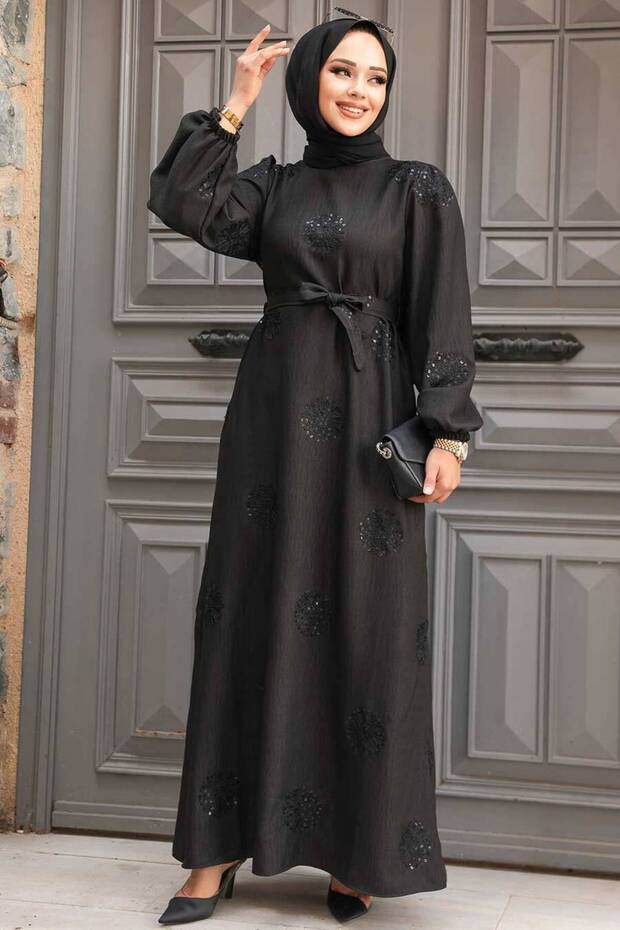 Black Hijab Dress - Floral Pattern, Model 30442S